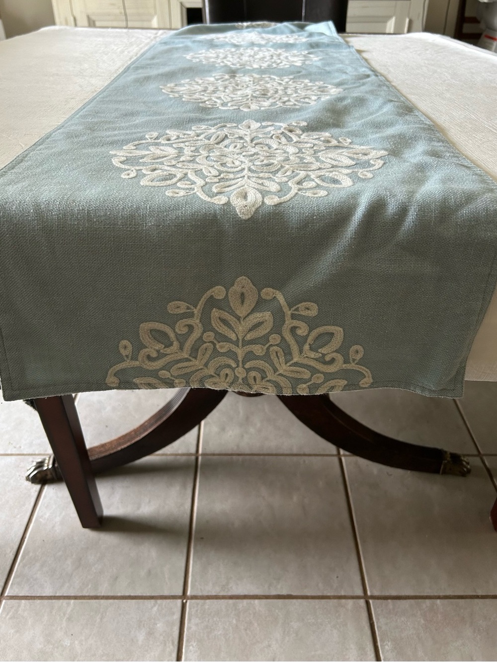 Embroidered Table Runner in Aqua & White. 80” x 15-1/2”. Lined. VGUC.